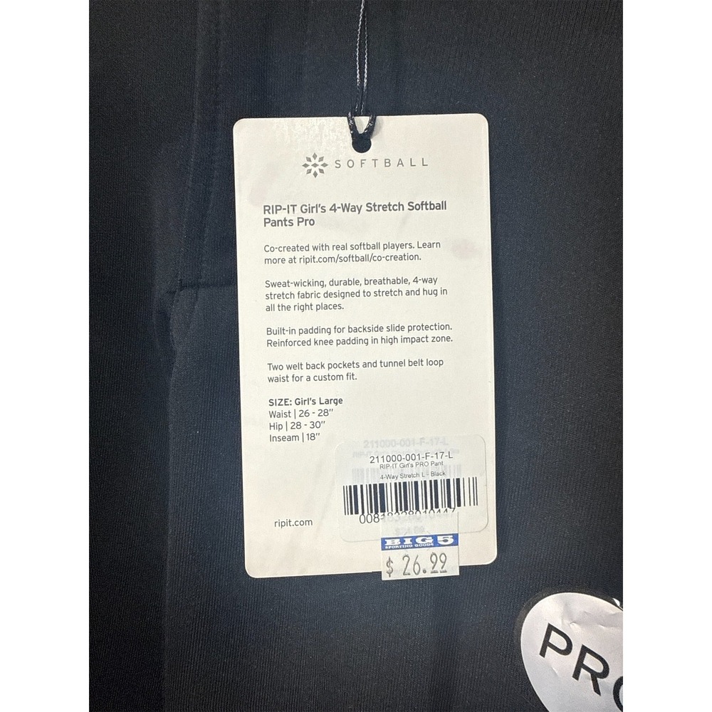 RIP-IT Girls Softball Pants- 4-Way Stretch & Built-In Padding - L, Girl's Large - Picture 2 of 2